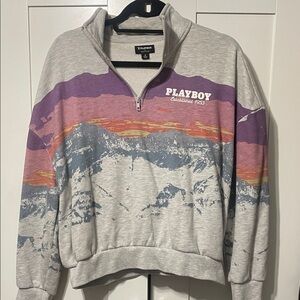 PLAYBOY PAC-SUN Sunset Print Zip-Up Sweater Retro Y2K